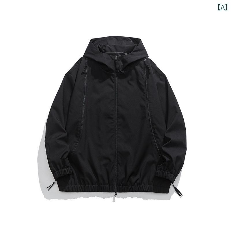 LINEAR shopのジャケット メンズ マウンテンパーカー 春秋 薄手 フード付き 防風 登山 アウトドア ウェア カーキ ブラック系｜アングル2