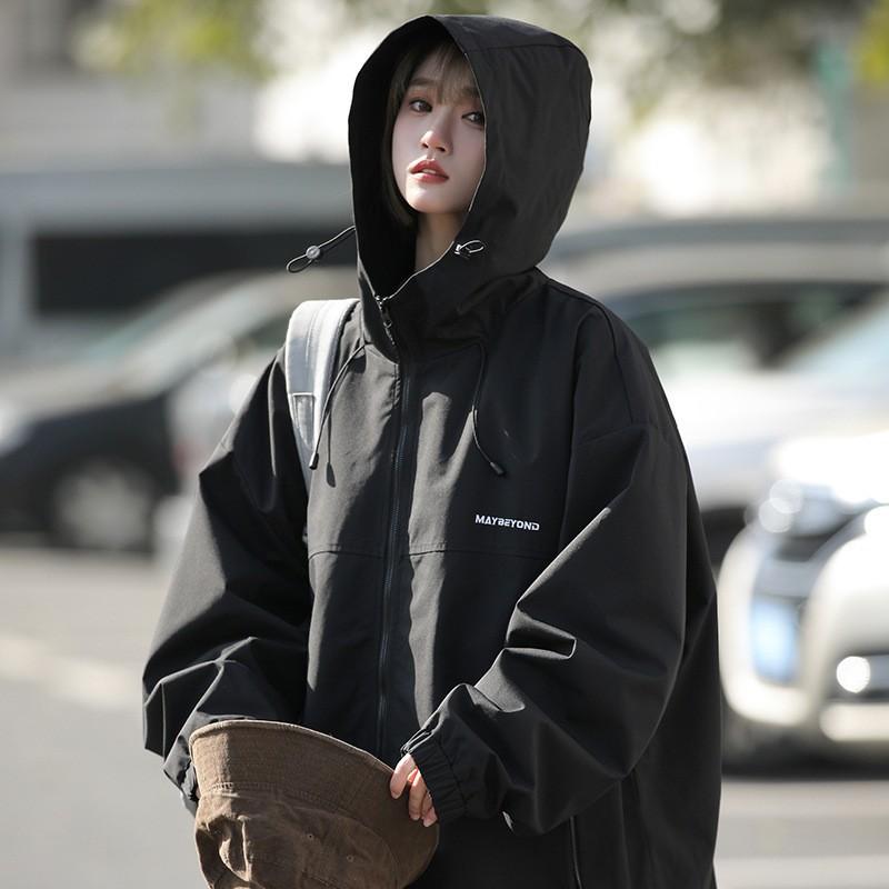 ジャケット メンズ 防水 防風 アウター 春秋 ブルゾン フード付き ジャンパー ドロップショルダー 無地 ワーク 上着 男性用 ブラック カーキグリーン