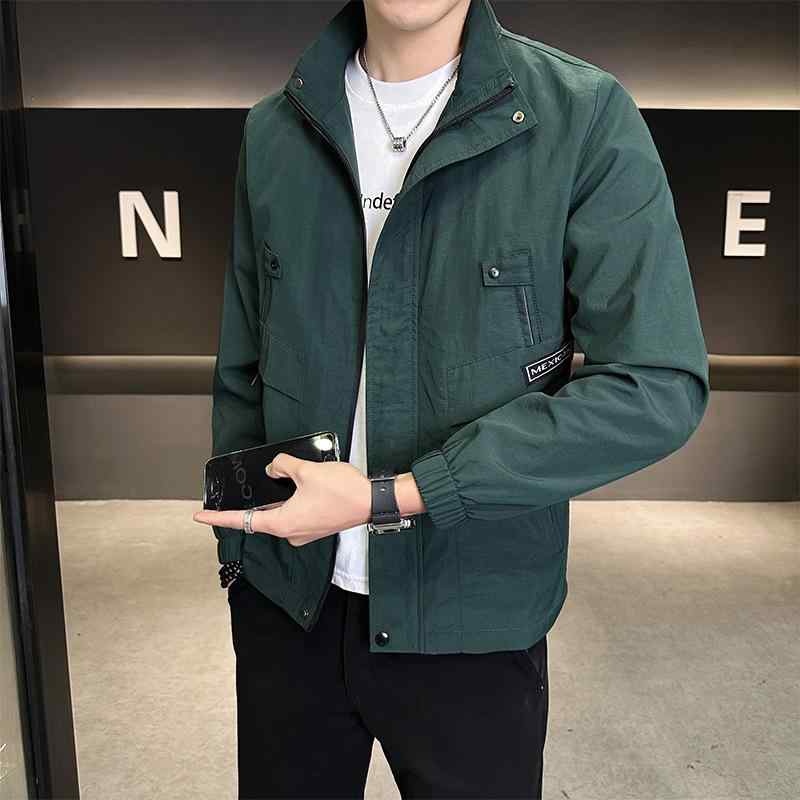 ジャケット メンズ 男性用 ブルゾン ジャンパー アウター 長袖 立襟 無地 ポリエステル 普段使い 軽アウター スポーティー 赤 レッド 緑 グリーン 黒 ブラック 春秋