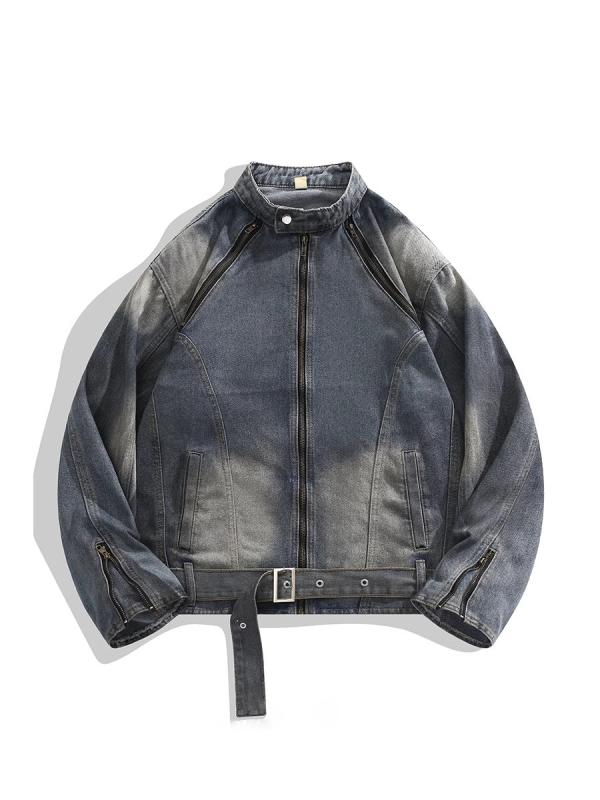 ジャケット メンズ デニム ブルゾン 春秋 韓国 切り替え ジッパー ワーク アウター Gジャン 腰ベルト付き 青