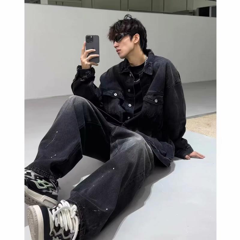 ジャケット メンズ デニム ダメージ ウォッシュ加工 ゆったり ルーズフィット Gジャン ブルゾン 春秋 黒 ブラック 青 ブルー