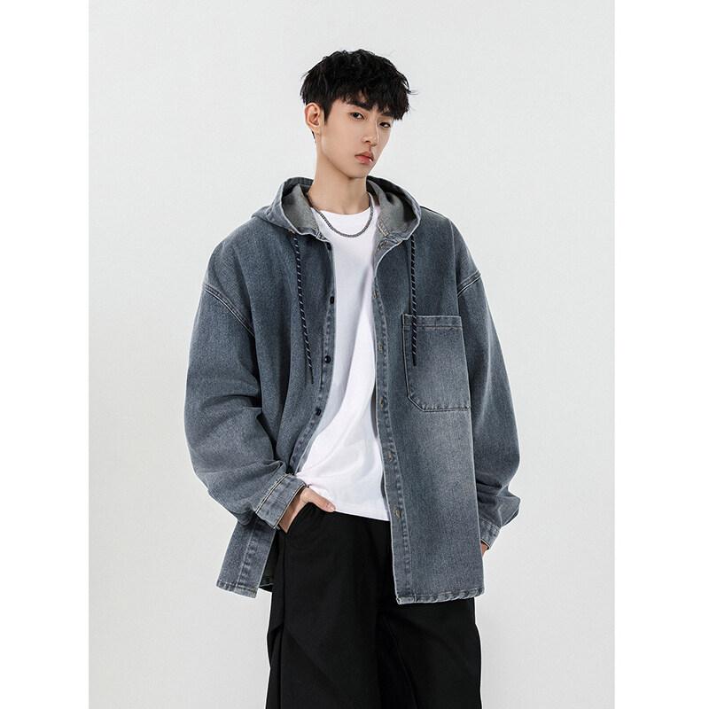 ジャケット メンズ 男性用 迷彩柄 デニムジャケット Gジャン ブルゾン 春秋 薄手 フード付き 黒 グレー 復古ブルー 合身