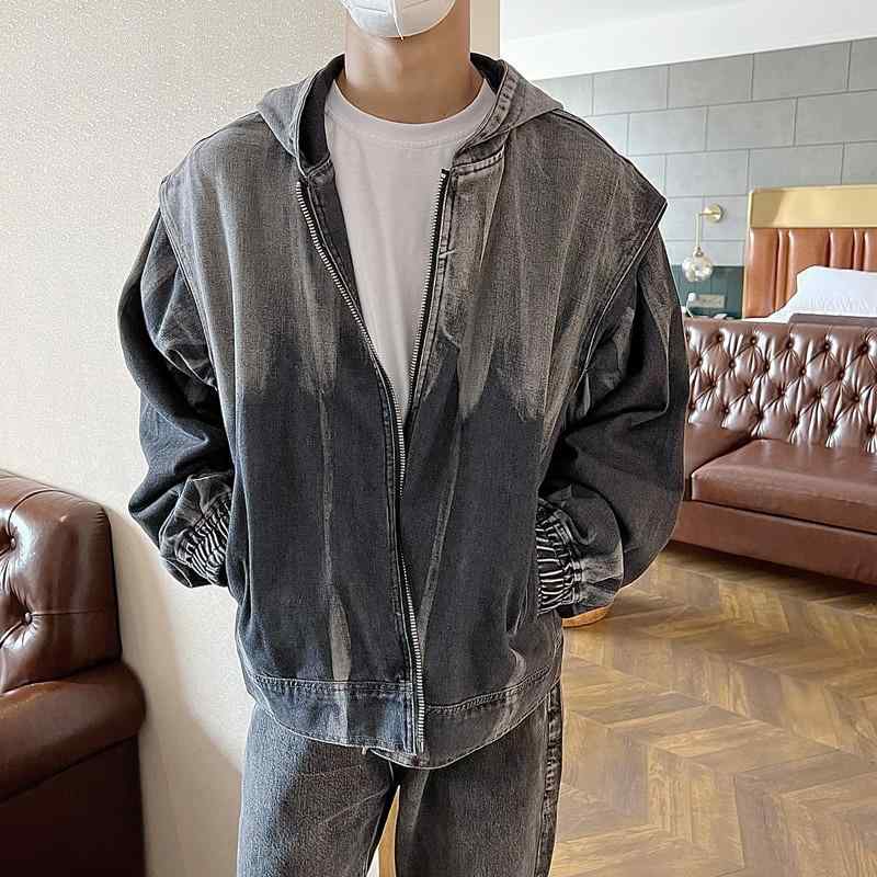 ジャケット メンズ デニム 水洗い加工 Gジャン ブルゾン レイヤード風 ゆったり 無地 長袖 ストリート カジュアル 韓国 グレー