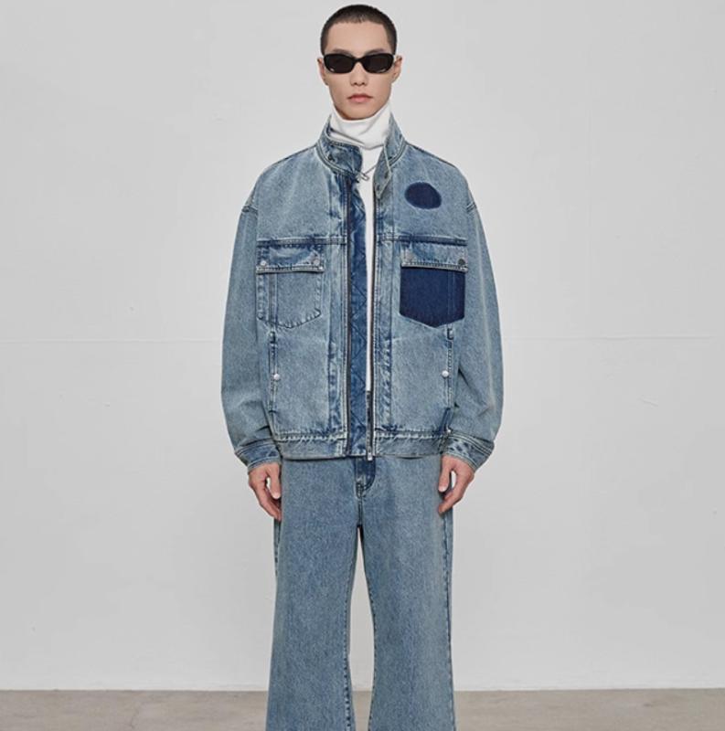 デニムジャケット メンズ Gジャン ブルゾン アウター ウォッシュ加工 立襟 ドロップショルダー ゆったり 多ポケット ブラック ブルー 春秋 カジュアル