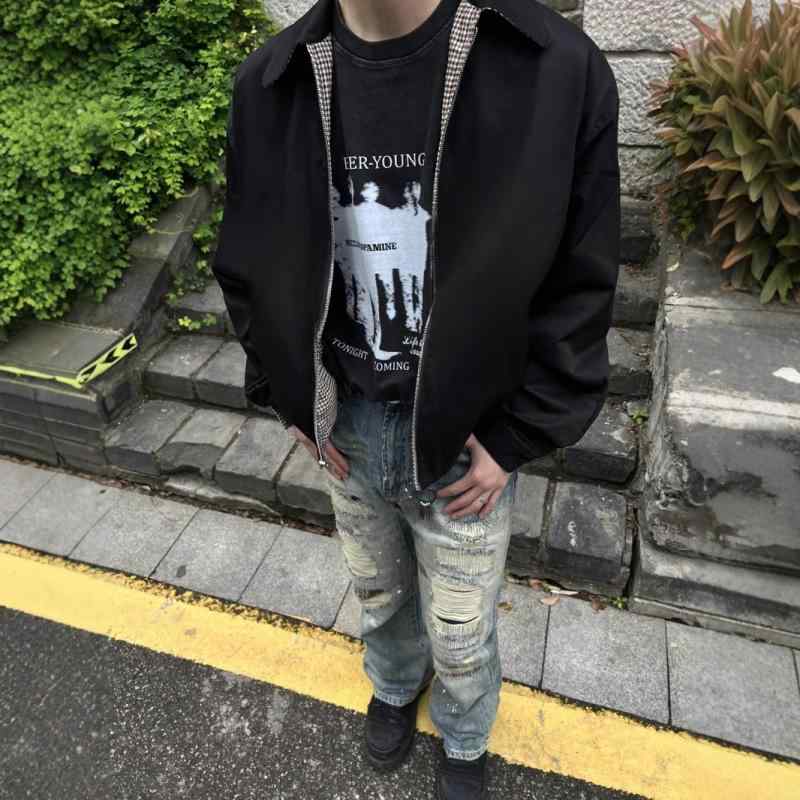 ジャケット メンズ 男性用 千鳥格子柄 ブルゾン 秋冬物 リバーシブル ジップアップ 襟付き ポリエステル 黒 ブラック 防寒 アウター
