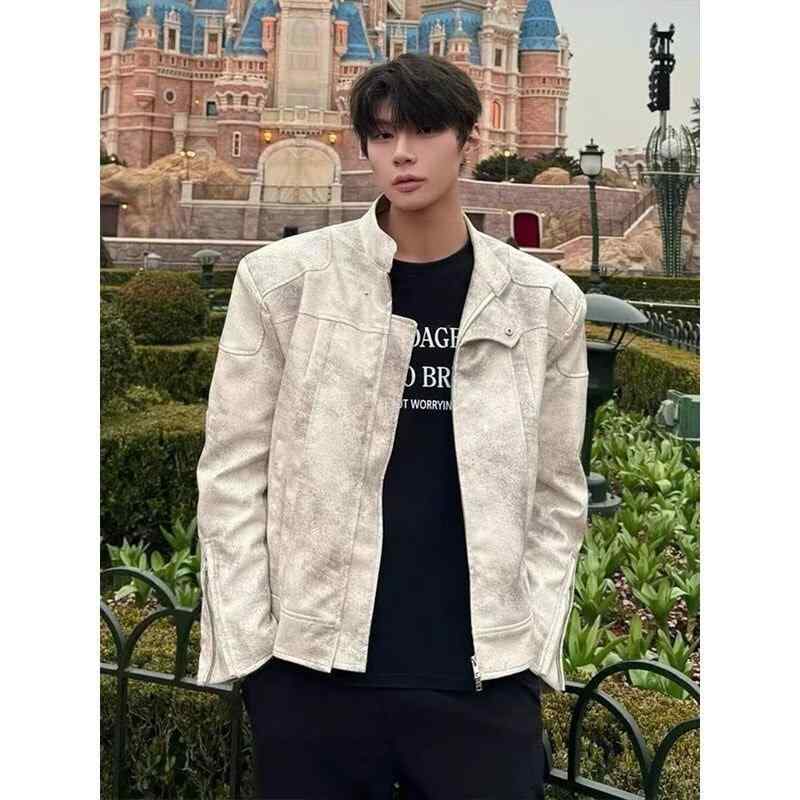 ジャケット 男性用 レザージャケット 春秋 美式 ストリート ゆったり 古着感 ライダースジャケット アウター ブラック ホワイト