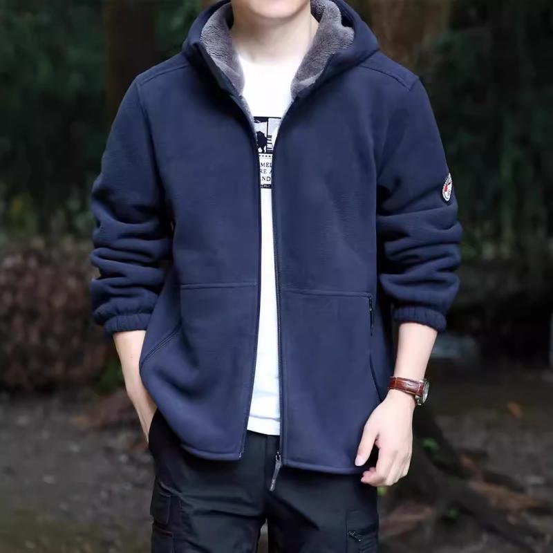 ジャケット 男性用 フリース トップス 秋冬 加厚 防寒 アウター フード付き ジャンパー 暖かい ポリエステル 深青 濃いグレー カーキ ブラック カラメル M L XL 2XL 3XL 4XL 5XL