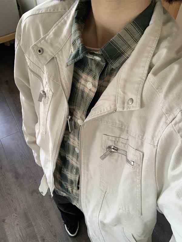 ジャケット メンズ 古着風 ウォッシュド キャンバス デニム アウター アメリカンワークウェアスタイル マルチポケット スタンドカラー ハリントンジャケット ゆったりめ 長袖 春秋 ブルー系 アイボリー