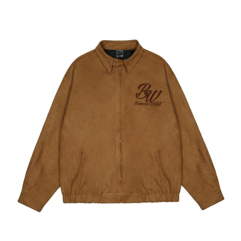 Rakuten - ジャケット 男性用 ブルゾン ゆったり トップス 棒球服風 スエード調 春秋 薄手 刺繡 ポリエステル 黒 ブラック ブラウン