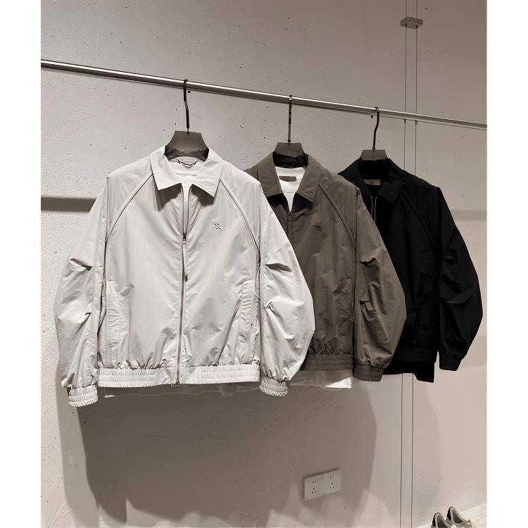 ジャケット 男性用 ライン 切り替え 襟付き ポリエステル 耐摩耗性 長袖 ルーズ カジュアル ブラック グレー グリーン