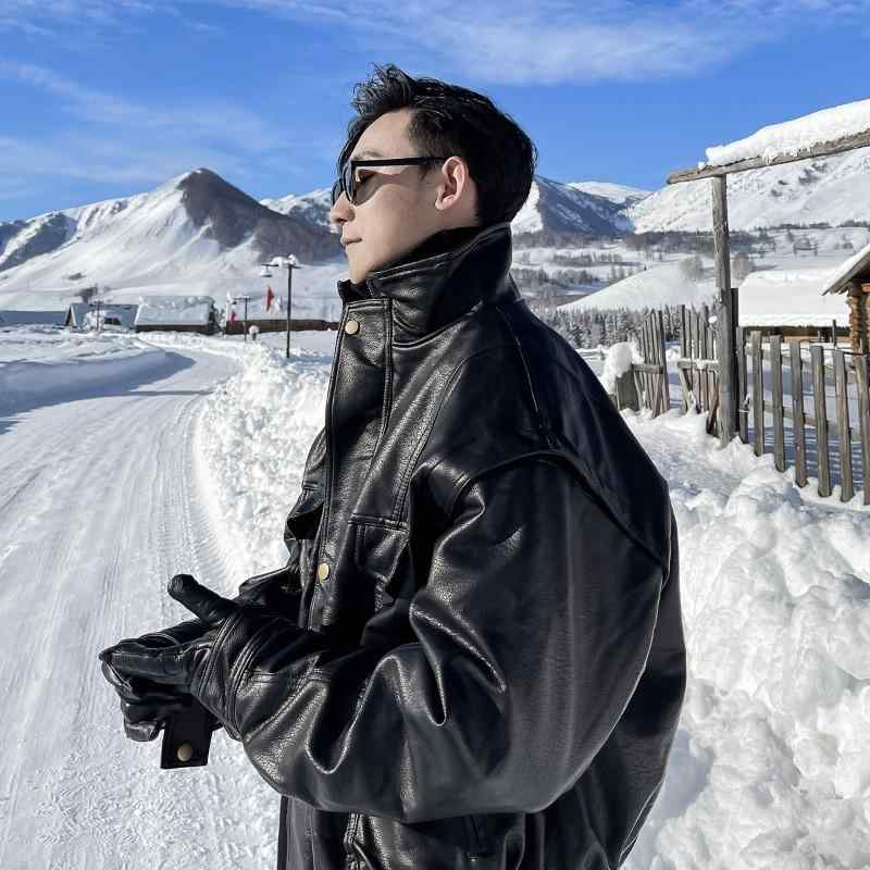 ジャケット メンズ PUレザー ライダース 合皮 レザージャケット ダブルジップ 肩パッド付き 韓国 春 スプリング ブラック