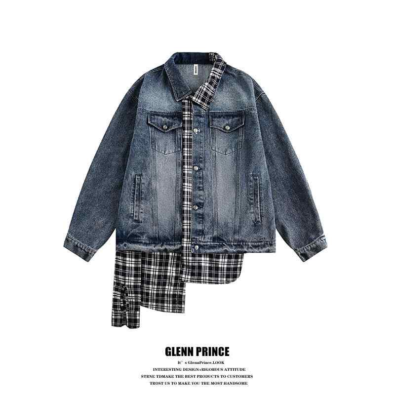ジャケット 男性用 格子柄 切り替え デニム アウター オーバーサイズ ブルゾン