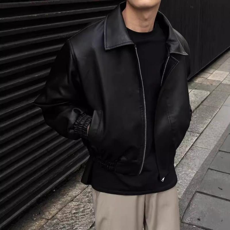 レザージャケット メンズ ルーズフィット PUレザー バイカージャケット 襟付き 春秋 ストリート サイドポケット ブラック