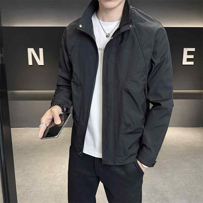 ジャケット 男性用 春秋 アウター 韓国 カジュアル トップス 耐摩耗 立襟 ポリエステル 薄手 黒 緑 オフホワイト