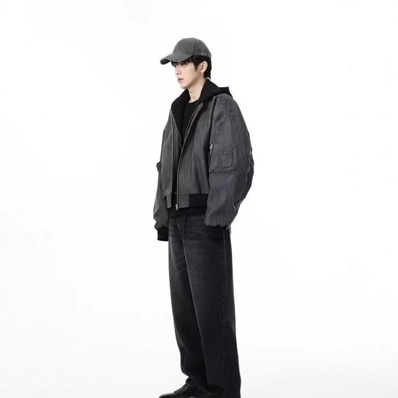 ジャケット メンズ 男性用 スタジャン 春秋 ブルゾン ゆったり PUレザー風 無地 長袖 アウター 深グレー