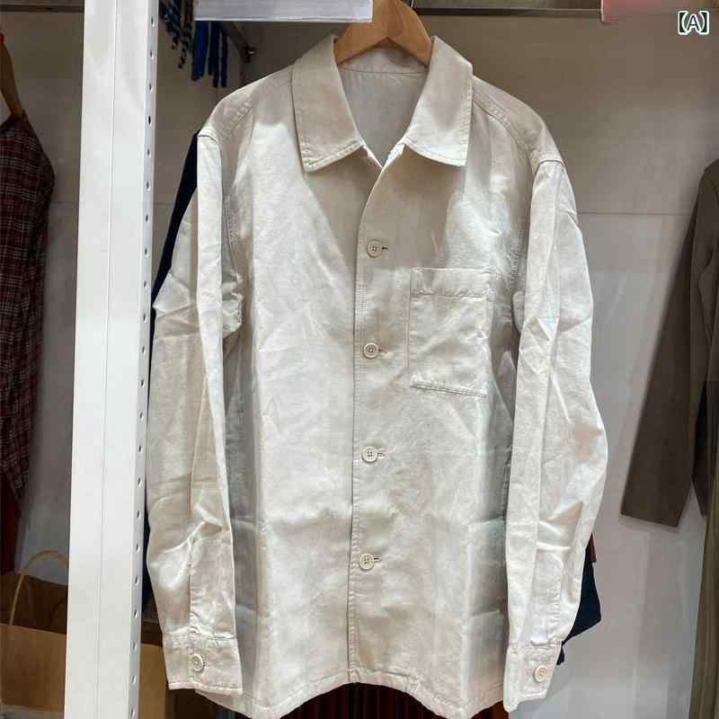 ジャケット 男性用 女性用 綿麻 シャツ 長袖 カジュアル アウター ゆったり 薄手 春物 浅米色 深米色 オリーブ色 紺色 S M L XL