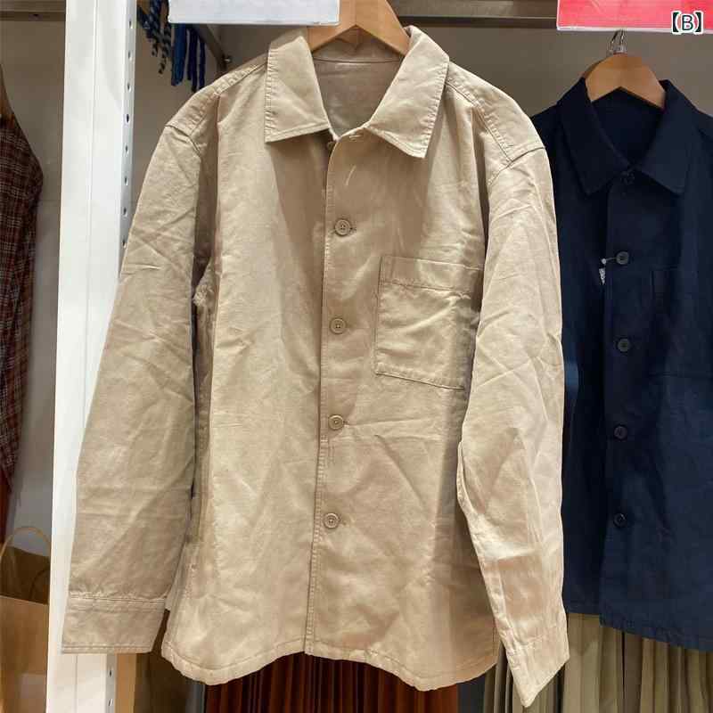 ジャケット 男性用 女性用 綿麻 シャツ 長袖 カジュアル アウター ゆったり 薄手 春物 浅米色 深米色 オリーブ色 紺色 S M L XL
