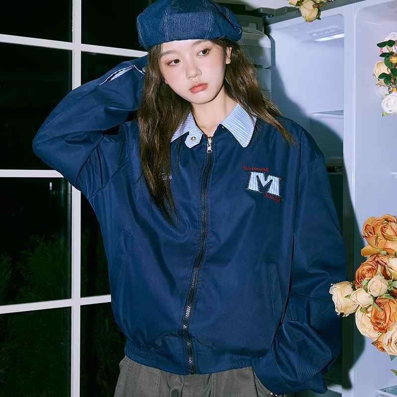 ジャケット 男女兼用 春秋 ストリート系 リバーシブル 刺繡 ロゴ 配色 切替 襟付き 綿 紺色