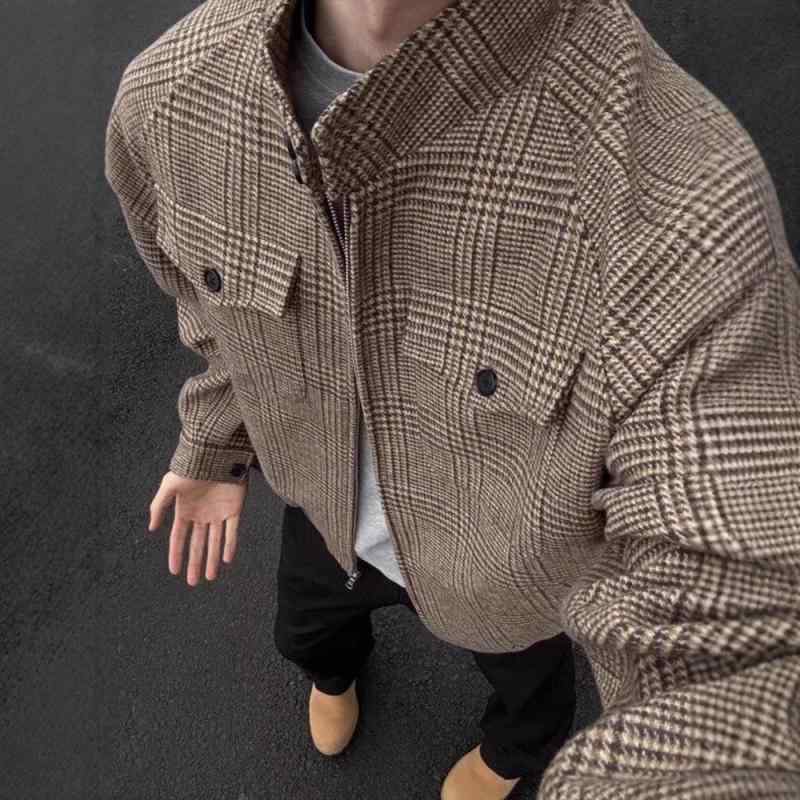 ジャケット メンズ 男性用 春秋 千鳥格子 ハリントンジャケット ショート丈 ブルゾン 立襟 ポリエステル 普段使い 部屋着 ブラウン(4)