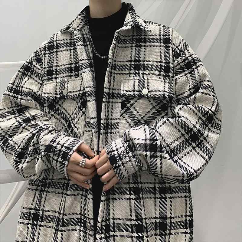 ジャケット 男性用 格子柄 春秋 韓国 ゆったり 長袖 普段使い 黒 白