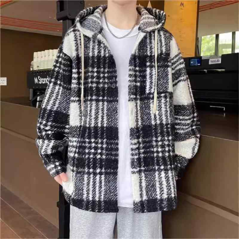 ジャケット メンズ 男性用 ウール 格子柄 厚手 秋冬 韓国 カジュアル 配色 フード付き シャツ M L XL 2XL 3XL 4XL 5XL 黒 白 グレー コーヒー色 防風 普段使い(x2)