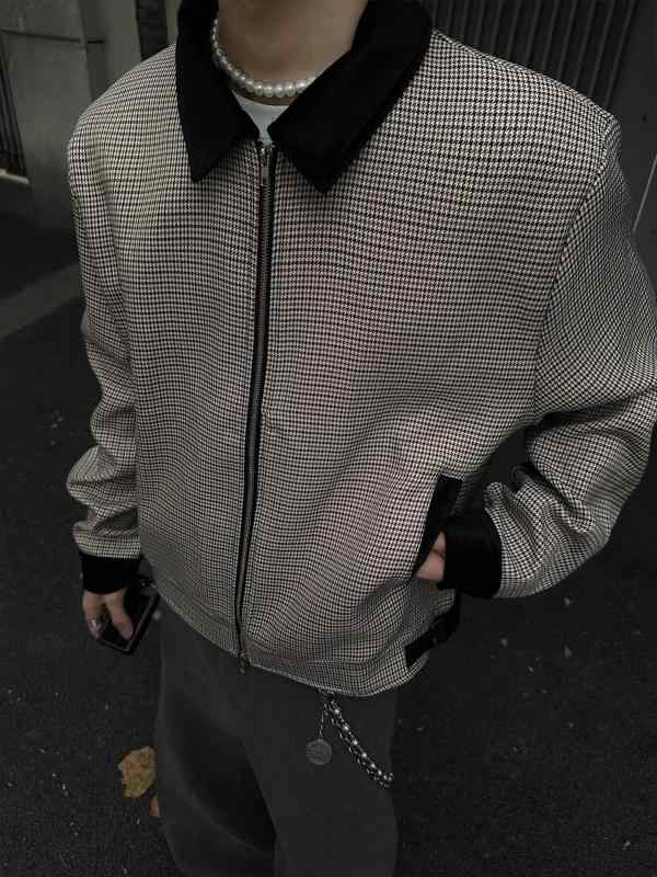 ジャケット メンズ 男性用 千鳥格子 切り替え レトロ 立襟 ショート丈 ブルゾン ジャンパー 春秋 普段使い カジュアルスタイル 10代 20代