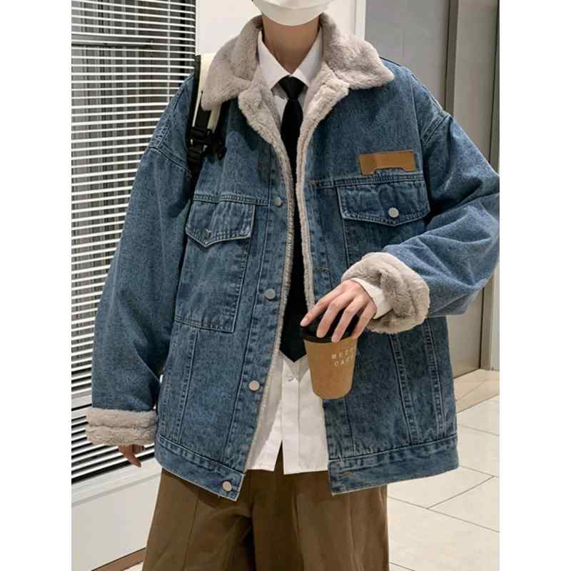 ジャケット メンズ 男性用 デニムジャケット 裏ボア 日系 レトロ カジュアル ストリート系 ゆったり 厚手 冬物 防寒 ブラック系 ブルー系