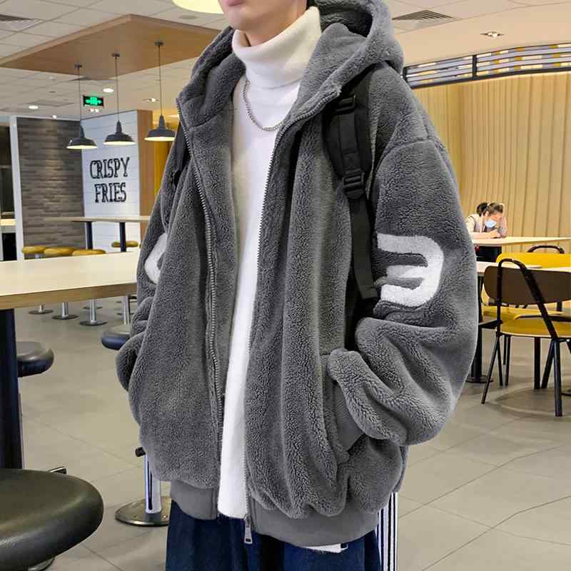 ジャケット メンズ 男性用 ボアジャケット ブルゾン 厚手 フリースジャケット 無地 秋冬 普段使い 観光 旅行 グレー グレー系 アイボリー(4)