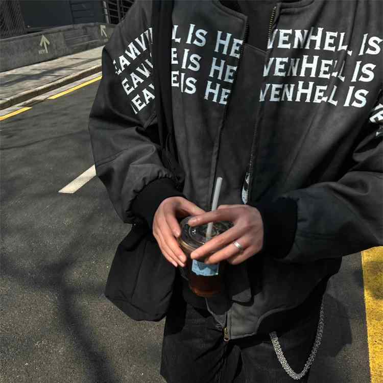 ジャケット メンズ 男性用 春秋 耐摩耗 高発色 高街 PUレザー ブラック グレー グラフィックプリント ルーズフィット アウター