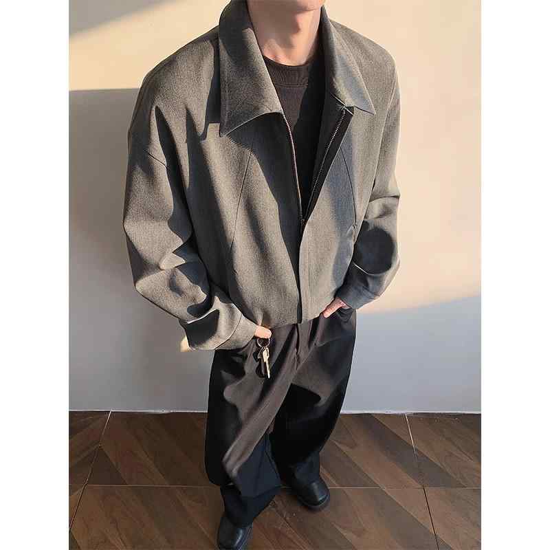 ジャケット メンズ 男性用 春秋 薄手 ルーズフィット グレー グレージャケット ショート丈 立ち襟 普段使い アウター ポリエステル