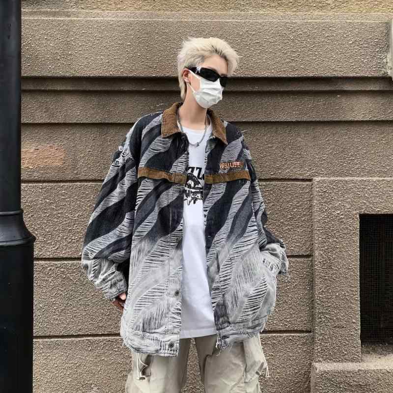 ジャケット メンズ デニム 扎染め ウォッシュド加工 レトロ ストリートスタイル リラックスフィット ルーズ カジュアル ブラック・カテゴリ: ジャケット・スタイル: ストリート系・対象: 若者・襟の形: 襟付き・版型: ゆったり・前立て: シングルブレスト・フード: なし・・柄: ストライプ・誤差範囲: 1～3cm・素材: ポリエステル.綿・袖丈: 長袖・袖のタイプ: レギュラー袖・着丈: 標準・ポケット: サイドシームポケット・着こなし: アウター・カラー: ブラック・サイズ: S.M.L.XL.2XL.3XL