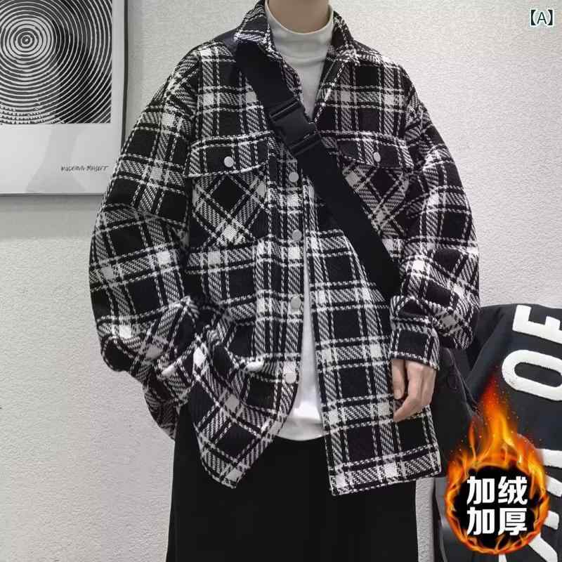 ジャケット 男性用 アウター 格子柄 秋物 韓国 ストリート系 ルーズ 耐摩耗性 ポリエステル ブラック ホワイト