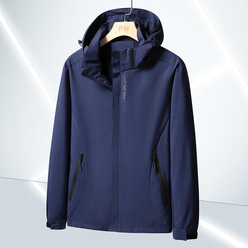 Outdoor Wear - ジャケット メンズ アウトドア カジュアル マウンテンパーカー 春秋 薄手 撥水 防風 フード付き ジャンパー ブルゾン 男性用 大きいサイズ ネイビー グレー ブラック デニムブルー オフホワイト S M L XL 2XL 3XL 4XL 5XL