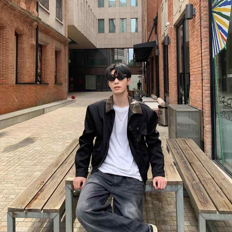 ジャケット メンズ 男性用 レトロ 配色 切り替え ワークジャケット カジュアル ブルゾン ライトアウター ポリエステル カーキ ブラック