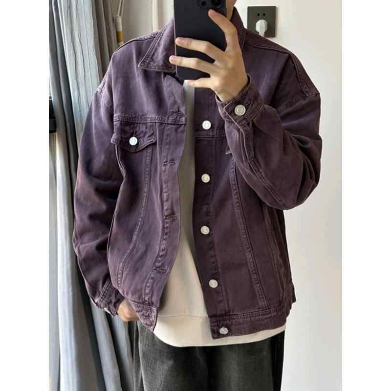 ジャケット メンズ 男性用 レトロ ウォッシュド デニム Gジャン ブルゾン 春秋 ライトアウター 綿 紫 パープル