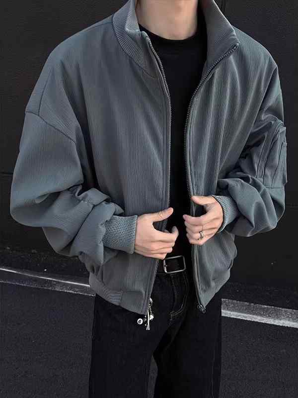 ジャケット メンズ 男性用 グレー ブルゾン 春秋 立襟 美シルエット ポリエステル 普段使い カジュアルスタイル