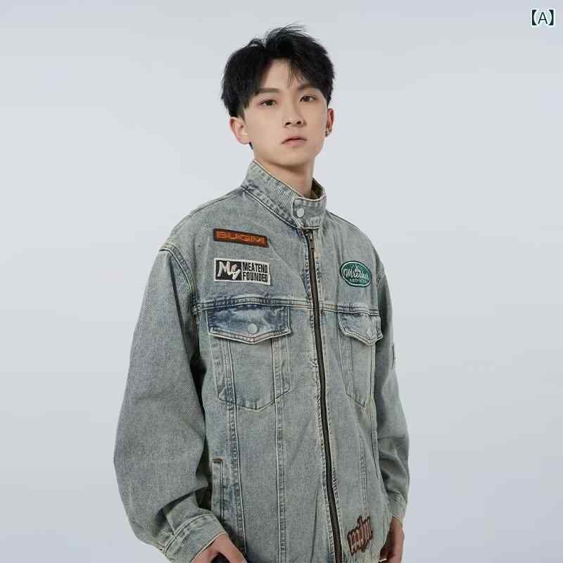 LINEAR shopのジャケット 男性用 デニム ウォッシュ加工 レトロ ライダース ブルゾン スタンドカラー ワーク 春秋 アウター 長袖 ブルー｜アングル2