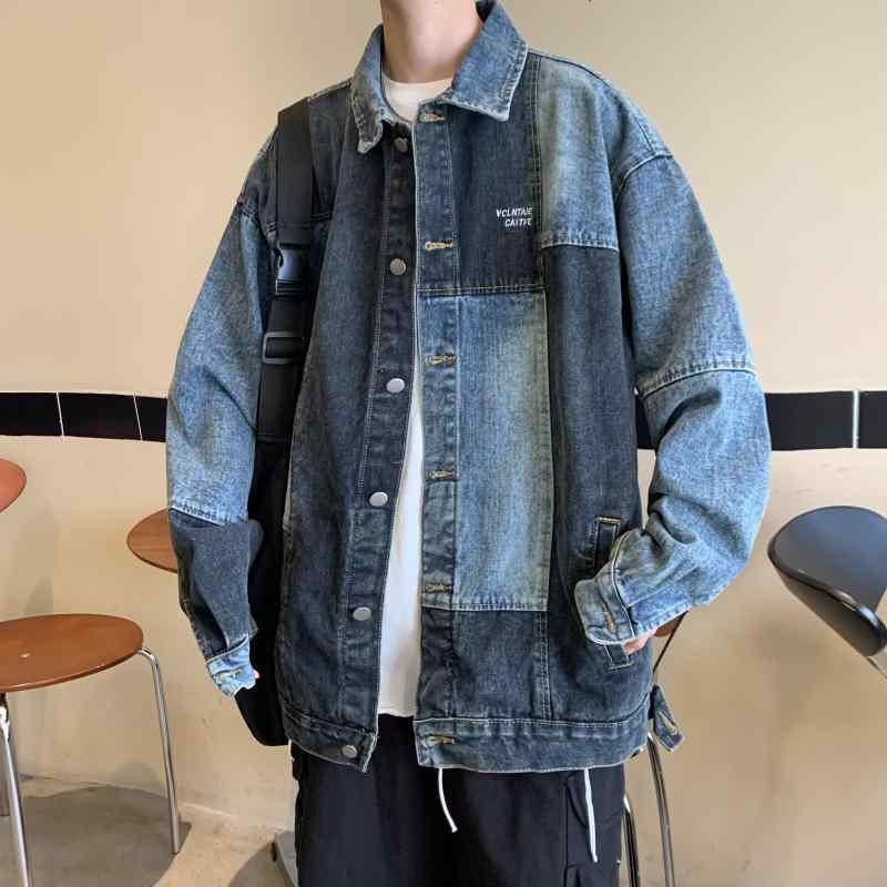 ジャケット メンズ 配色 切り替え デニム 港風 翻領 長袖 コットン ゆったり カジュアル スタイル ブル..