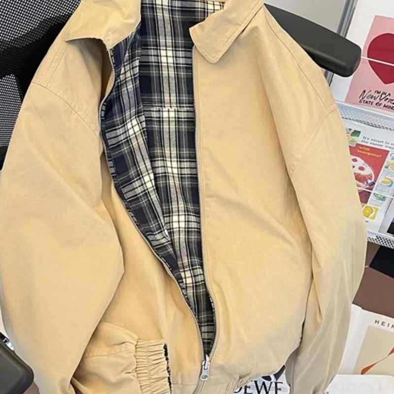 ジャケット メンズ アウター レトロ チェック柄 リバーシブル 配色 ブルゾン ゆっ...