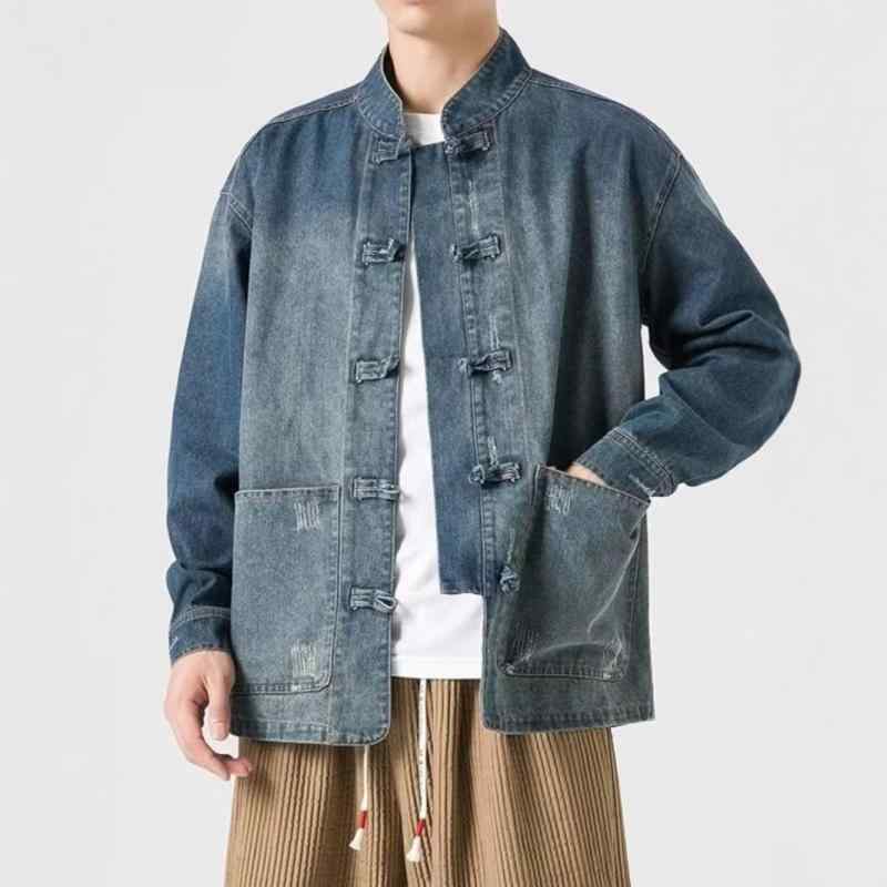 デニムジャケット メンズ 男性用 ブルゾン 唐装 中華風 スタンドカラー ゆったり ダメージ加工 春秋 アウター 普段使い 若者 10代 20代 ポリエステル ブルー