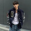 ジャケット メンズ 男性用 紺色 タオル生地 レザー 切り替え ブルゾン スタジャン ライトアウター スプリングコート 秋冬 耐摩耗性