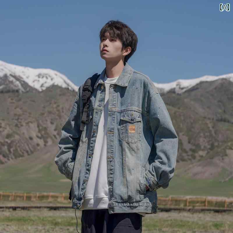 ジャケット メンズ デニム ウォッシュ加工 レトロ ルーズフィット カジュアル ワーク 長袖 ブルゾン コットン ブルー