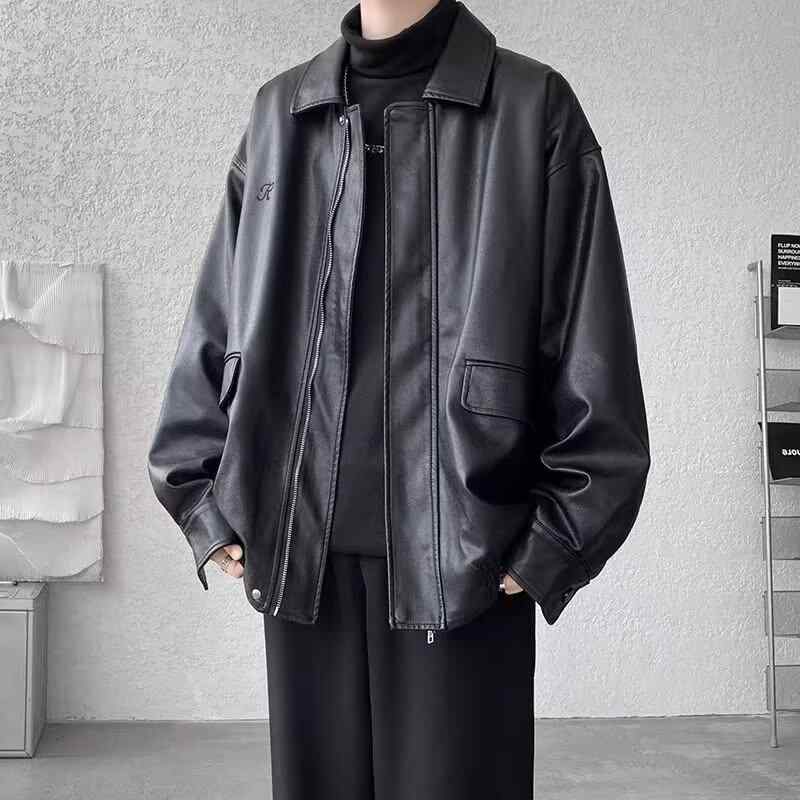 ジャケット 男性用 裏起毛 厚手 ワーク ミリタリー ブルゾン レザージャケット風 ストリート系 ゆったり ブラック 黒 カフェオレ色 防寒 秋