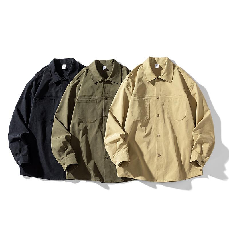 ジャケット 男性用 春秋物 ワークシャツ 配色ステッチ レギュラー丈 コットンブレンド ブラック カーキ アーミーグリーン