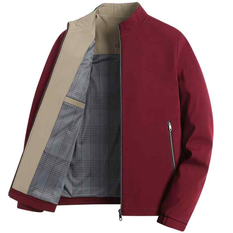 ジャケット 男性用 ブルゾン ミドルエイジ 紳士服 アウター トップス 長袖 ポリエステル 防風 無地 スタンドカラー ジップアップ ポケット付き ネイビー ブラック ワインレッド カーキ グリーン