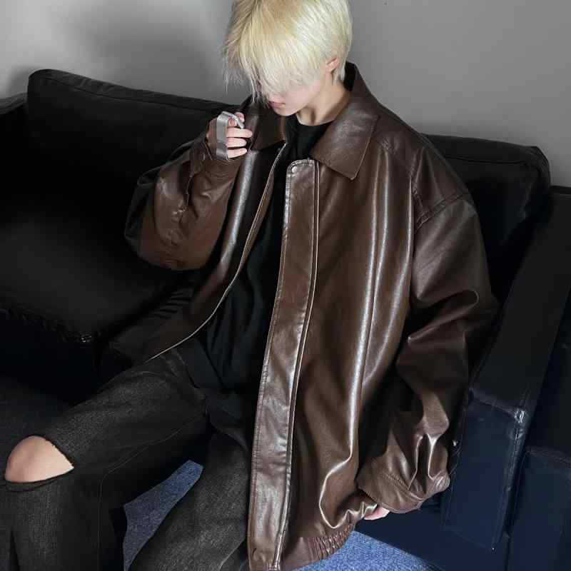 ジャケット メンズ 男性用 春秋 ブルゾン アウター PUレザー 翻襟 長袖 ゆったり 多ポケット 黒 茶色