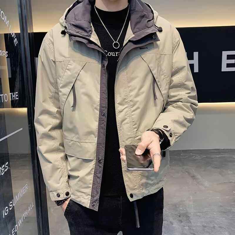 ジャケット メンズ 男性用 春秋 スプリング 接触冷感 撥水 防風 フード付き 切り替え カーキ ブラック