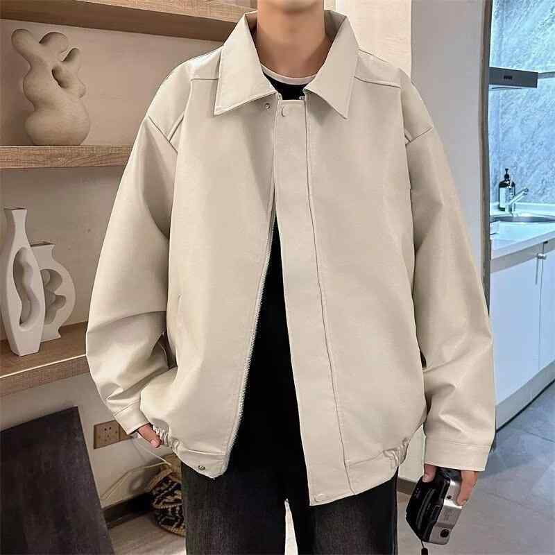 ジャケット 男性用 レザージャケット 春秋 PUレザー バイカージャケット アウター ブラック 杏色 ブラウン ポリエステル