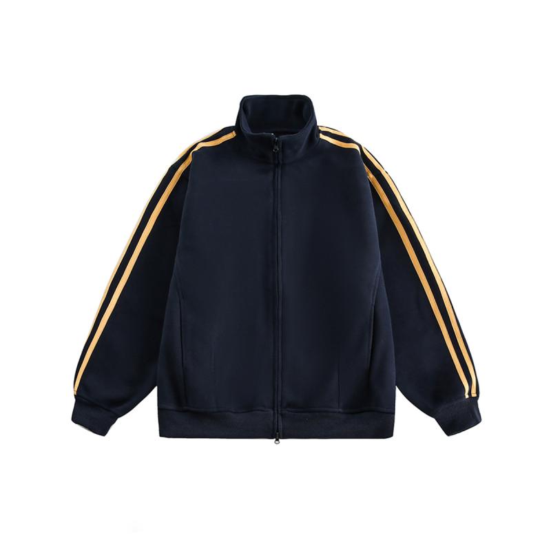 ジャケット メンズ ブルゾン アメリカン レトロ 3本ライン スタンドカラー ゆったり ダブルジップ ポリエステル アウター 春秋 グレー 紺色 黒