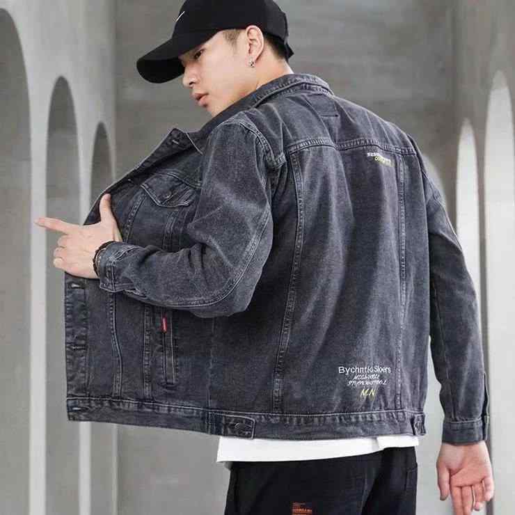デニムジャケット メンズ Gジャン 男性用 春秋 長袖 スリム 刺繍 立ち襟 ブラック 黒グレー 伸縮性 耐摩耗性